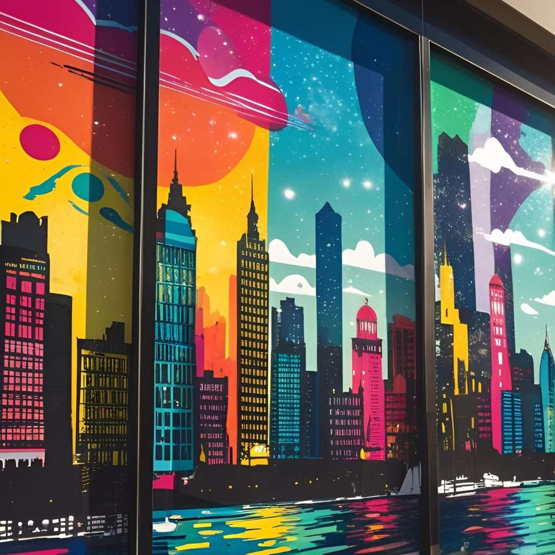 Vibrant, multi-coloured graphic film featuring a stylised city skyline and abstract shapes