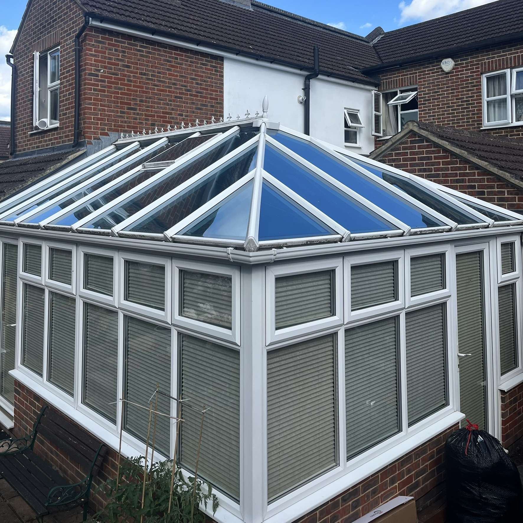 External view of a Hampshire conservatory roof fitted with Silver 20 reflective solar window film, helping control heat and reduce glare inside the space.