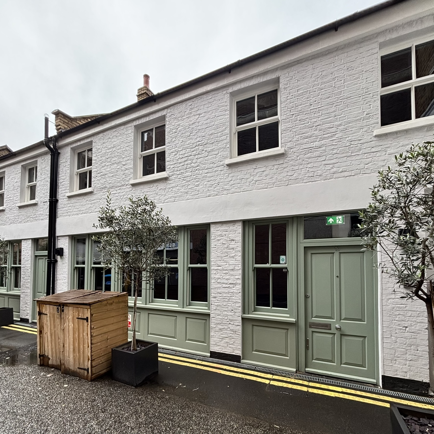 Alternate external angle of the 20VC office in London showing slate frosted window film applied to the glazing for improved privacy and a contemporary look.