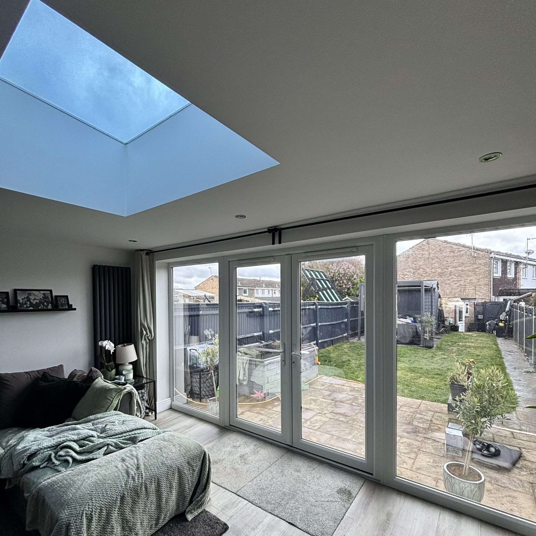 Internal view of a Hemel Hempstead property showing a skylight and doors fitted with Silver 20 reflective solar window film, helping manage solar heat and UV exposure.